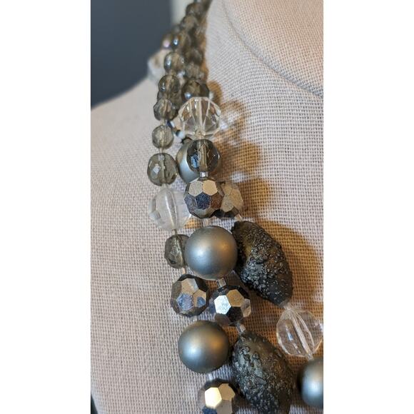 Vintage Gray Clear Faceted Crystal, Lava, Foil Bead Necklace W/ Fancy Clasp - Picture 2 of 10